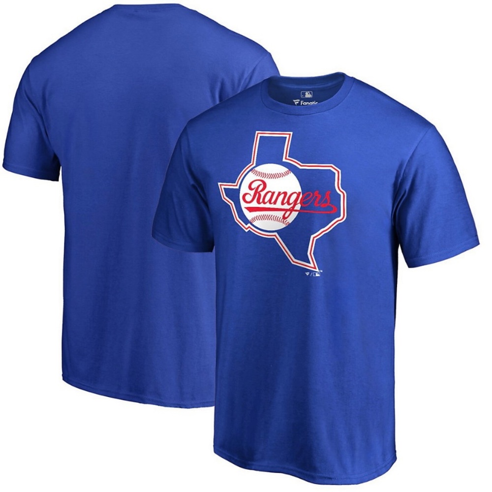 Texas Rangers Bleacher Blue Cooperstown Collection Logo T-shirt, Size Large